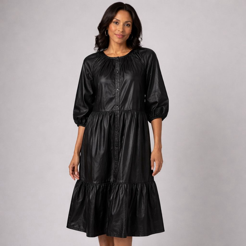 Chico's Black Faux Leather Tiered Midi Dress Size 6